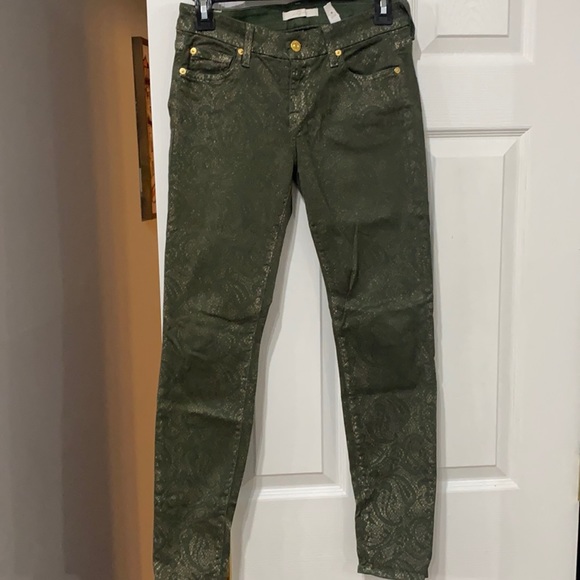 7 for All Mankind Green Golden Paisly Print  Cotton Jeans - Picture 2 of 7